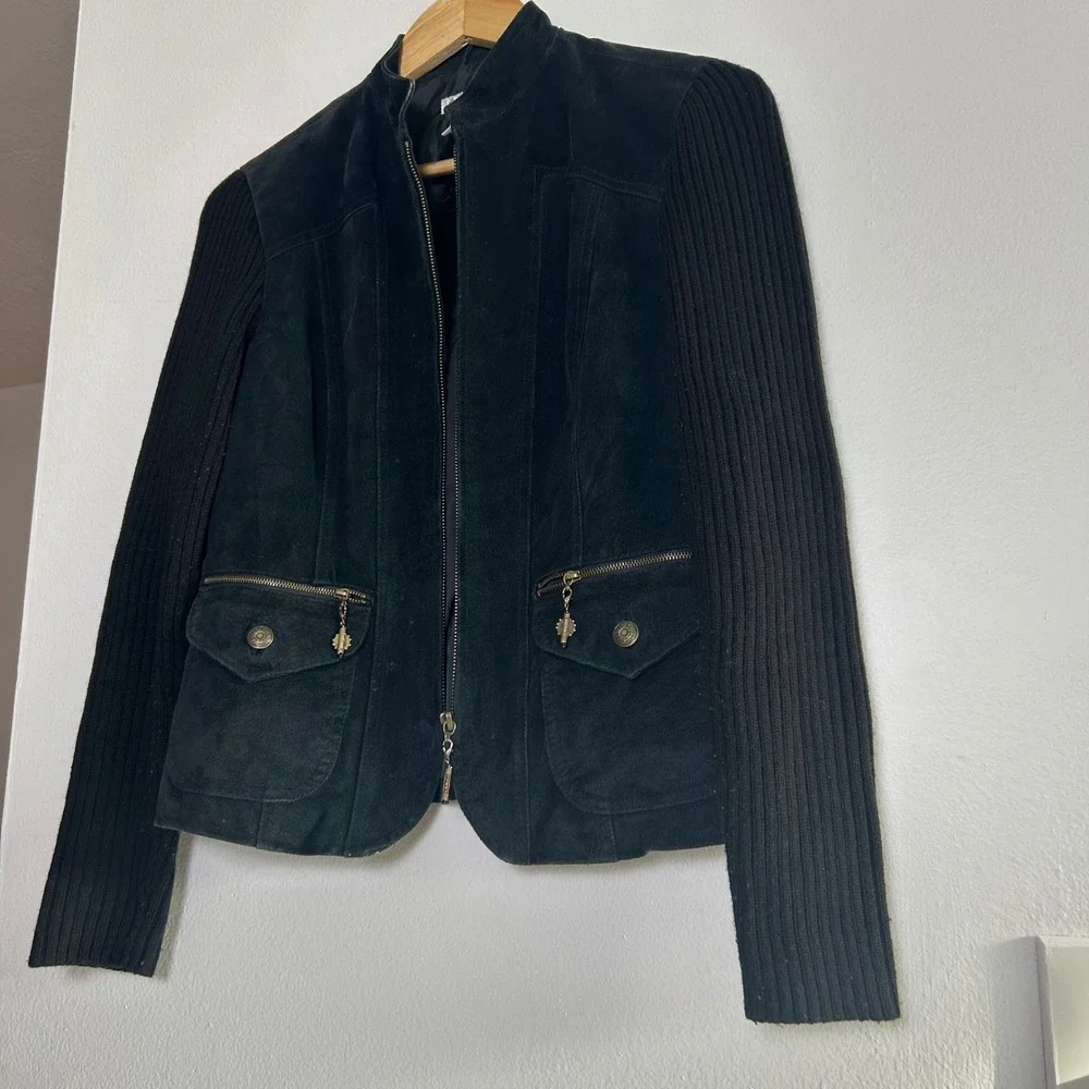 90s A.M.I. Suede Leather Knit‎ Sleeve Jacket Womens Black Full Zip Mock Neck S